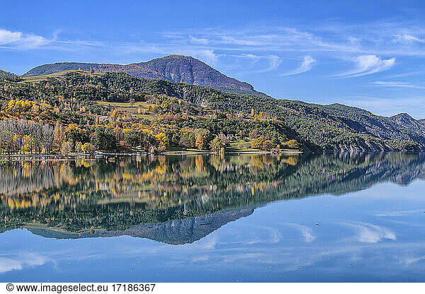 Mirror on the Serre Pon?on lake  at the bottom of the Ubaye Valley  Hautes-Alpes  France