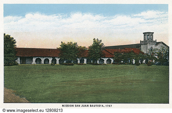 MISSION SAN JUAN BAUTISTA. The Spanish Franciscan Mission San Juan Bautista  built in 1797 in San Juan Bautista  California. Photo postcard  American  c1935.