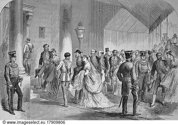 Mitglieder des englischen Hochadels  die sich von ihrer britischen Majestät vor deren Abreise auf den Kontinent verabschieden  1869  Historisch  digital restaurierte Reproduktion einer Vorlage aus dem 19. Jahrhundert