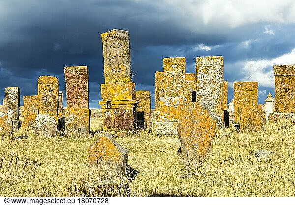 Mittelalterliche Khachkars geschnitzte Gedenkstele  Noratus-Friedhof  Sewan-See  Provinz Gegharkunik  Armenien  Kaukasus  Naher Osten  Asien