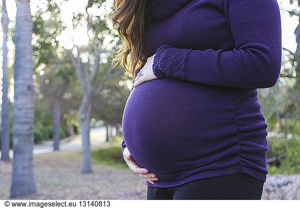 Mittendrin einer schwangeren Frau  die den Bauch berührt  während sie im Park steht