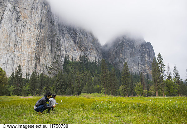 Mittlere erwachsene Frau kauert mit Kleinkind-Tochter auf der Wiese  Yosemite National Park  Kalifornien  USA