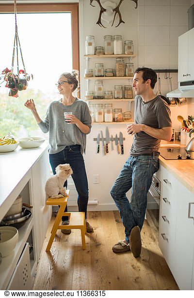 Mittleres erwachsenes Paar mit Rotwein im Gespräch in der Küche