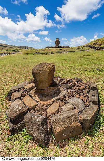 Moai at the restored ceremonial site of Ahu Nau Nau on Easter Island (Isla de Pascua  Rapa Nui)  Chile.
