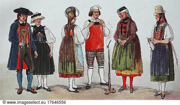 Mode  Kleidung in Deutschland  Trachten im Schwarzwald  um 19. Jahrhundert  von links  Bauern aus Hornberg  Damm drei Trachten aus der ehemaligen Grafschaft Hauenstein im Südschwarzwald um 1825  und ein Mädchen aus dem Hochschwarzwald  Fashion  digital verbesserte Reproduktion einer Illustration aus dem 19. Jahrhundert