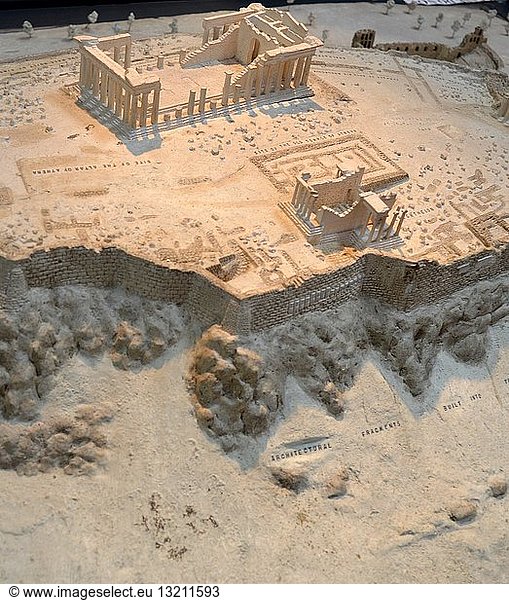 Model of Athenian Acropolis. The model shows the state of the Acropolis excavations and restorations in 1895 when later Frankish and Turkish structures had been removed to reveal the classical buildings. The temple of Athena Nike is partially restored the main other standing structures are the Propylaia the Erectheion and the Parthenon all buildings of the period 450-400 BC.