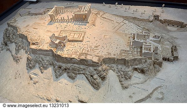 Model of Athenian Acropolis. The model shows the state of the Acropolis excavations and restorations in 1895 when later Frankish and Turkish structures had been removed to reveal the classical buildings. The temple of Athena Nike is partially restored the main other standing structures are the Propylaia the Erectheion and the Parthenon all buildings of the period 450-400 BC.