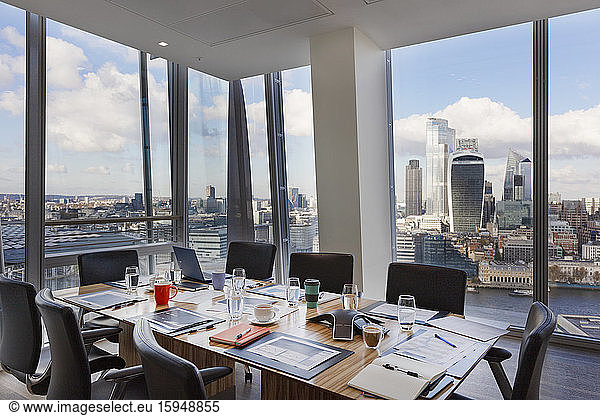 Modern conference room overlooking city  London  UK