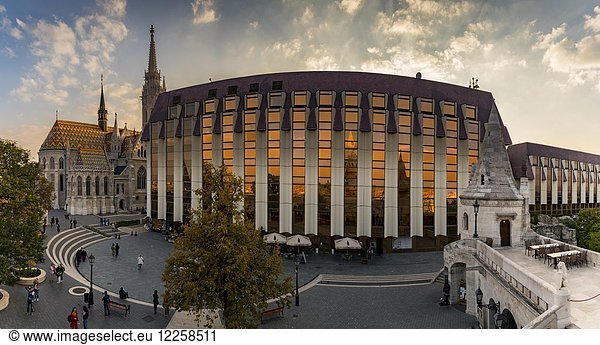 Modern facade of the Hilton Hotel with Mathias Church and Fisherman's Bastion  Budapest  Hungary  Europe
