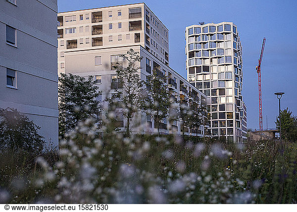 Modern high-rise residential building in the evening  Munich  Germany