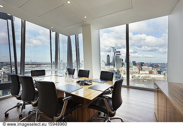 Modern highrise conference room overlooking city  London  UK