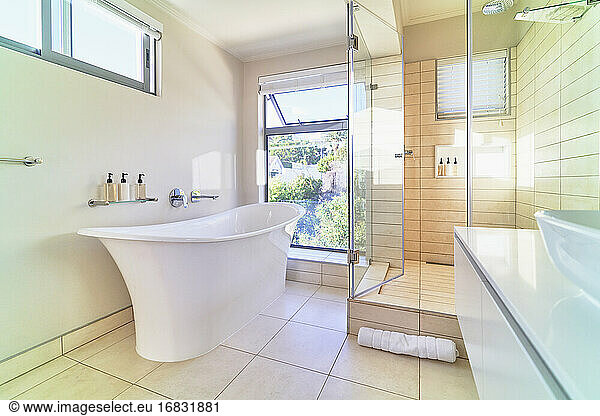 Modern home showcase interior bathroom with white soaking tub
