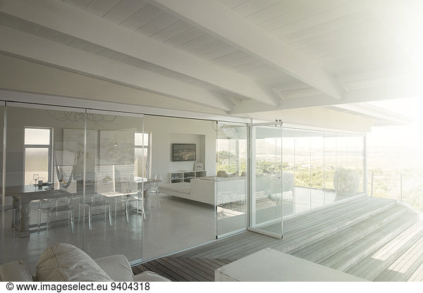 Modern house interior with glass doors