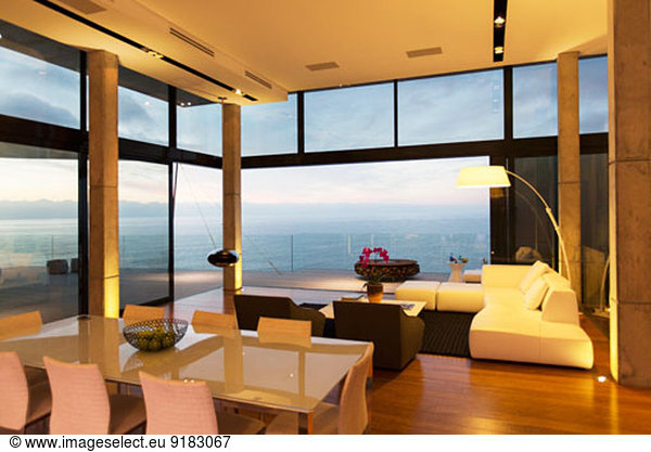 Modern living area overlooking ocean