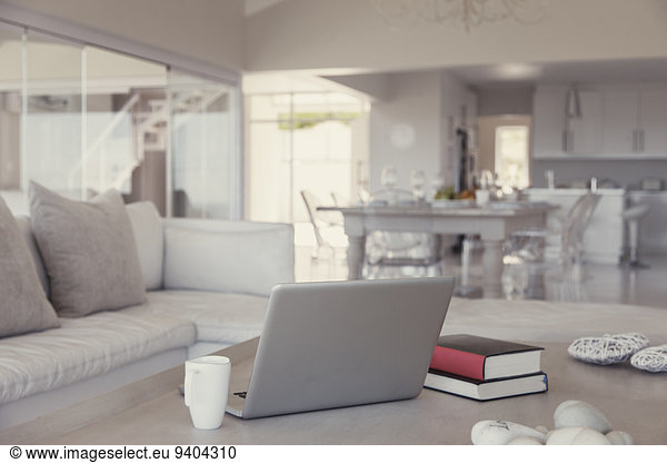Modern living room interior with laptop  books and mug on table