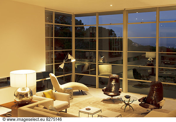 Modern living room with tall windows