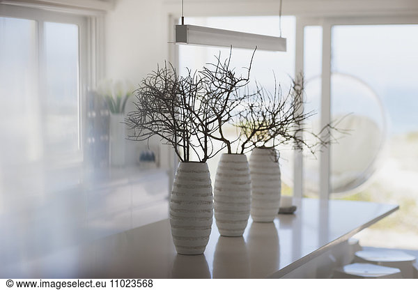 Modern white vases with branches on kitchen island