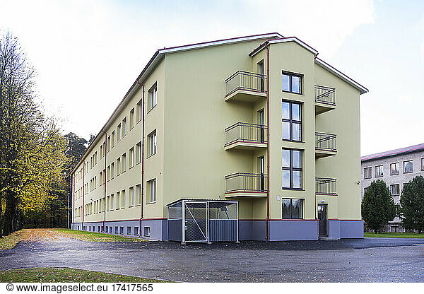 Modern youth hostel building  accommodation for travellers  building exterior