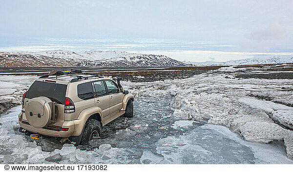 modified SUV trailing into the Thórsmörk valley in Iceland