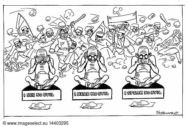Mohondas Karamchand Gandhi (1869-1948)  known as Mahatma (Great Soul). Indian Nationalist leader. Cartoon by George Strube from "Daily Express"  London  30 April 1930  during Gandhi"s salt fast.
