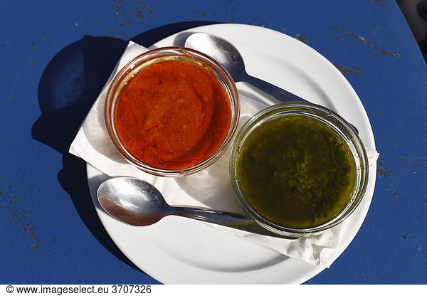 Mojo rojo and mojo verde  red and green sauces  Lanzarote  Canary Islands  Spain  Europe