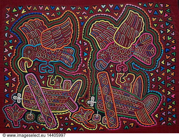 Mola textile by Kuna Indian artist  depicting a modern influence on the Kuna culture. From the San Blas Archipelago  Panama. Reverse applique design worn on female blouse. Two aeroplanes attacked by birds.