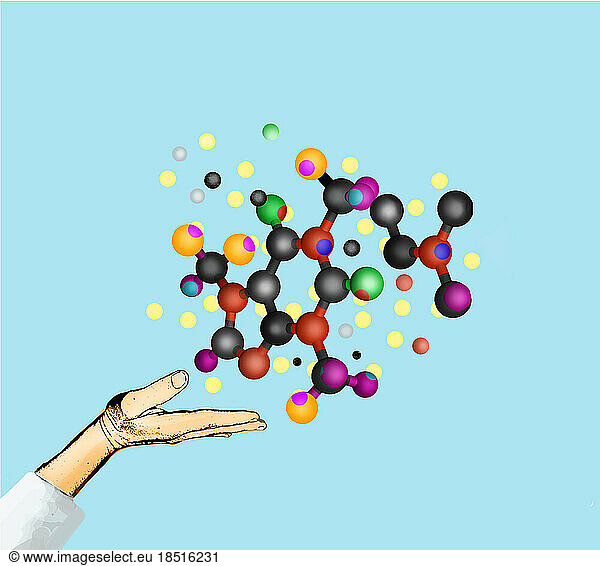 Molecules floating over open hand