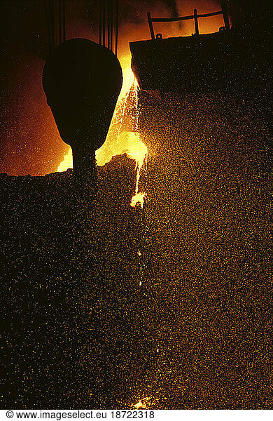 Molten steel being poured in steel plant in Midlothian  TX.