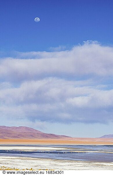 Mondaufgang über dem Salar de Chalviri  Altiplano von Bolivien im Eduardo Avaroa National Reserve of Andean Fauna