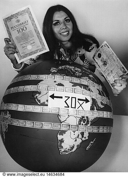 money  bonds  Pfandbrief  German covered bonds  bond coupons  anniversary of 200 years bonds  woman with globe and new and old bond  1969