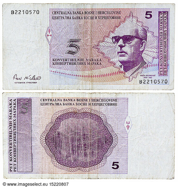 money / finance  banknotes  5 convertible marka banknote  Mesa Selimovic  Bosnia  1998