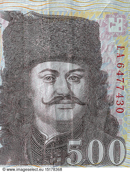 money / finance  banknotes  Portrait of Francis II Rakoczi from 500 forint banknote  Hungary  2010