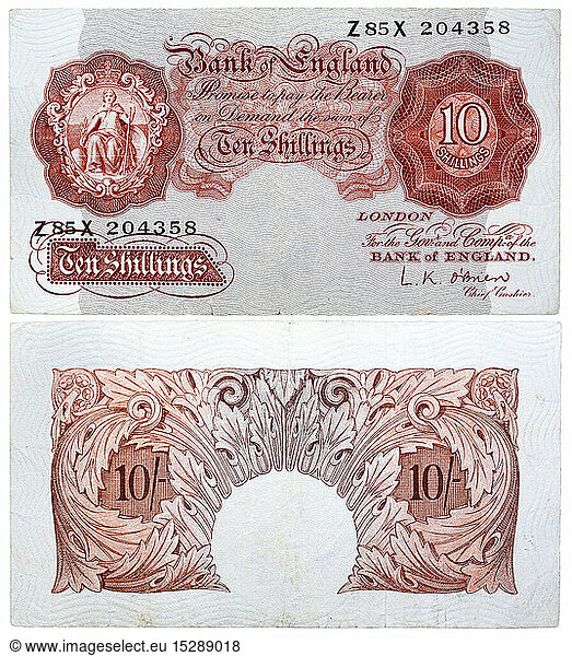 money / finance  banknotes  10 Shillings banknote  Seated Britannia  UK  1955