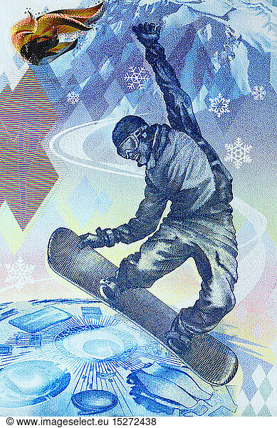 money / finance  banknotes  Snowboarder from 100 Rubles banknote  Sochi Winter Olympic Games  Russia  2014