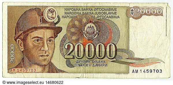 money / finance  banknotes  Yugoslavia  20 000 Dinar Yugoslavian People's Bank  Belgrade  1987  front  inflation  paper money  banknote  Europe  20th century  numismatics  historic  historical  20000  1980s  people