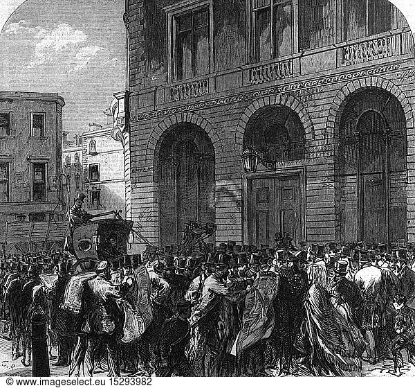 money / finance  banks  panik in Lombard Street after bancruptcy of Overend  Guerney and Co. Bank  London City  11.5.1866  wood engraving  'London Illustrated News'  19.5.1866  'Black Friday'  financal crisis  crash  economy  capitalism  people  Great Britain  Europe  19th century  historic  historical