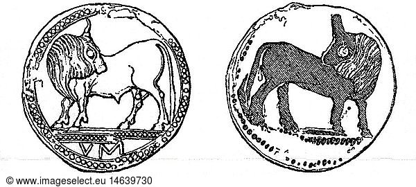 money / finance  coins  ancient world  Stater from Sybaris  550/530 - 510 BC  silver  single-sided minted  head and reverse side  wood engraving  19th century  historic  historical  Greek colony  colonies  Italy  Magna Graecia  Greece  mintage  coin  coins  Taurus  Bull  animal  clipping  cut out  cut-out  cut-outs  numismatics  ancient world