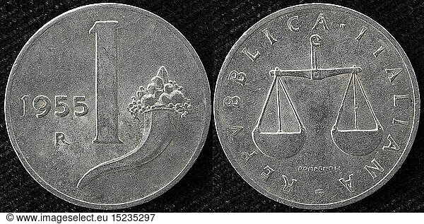 money / finance  coins  1 lira coin  Italy  1955
