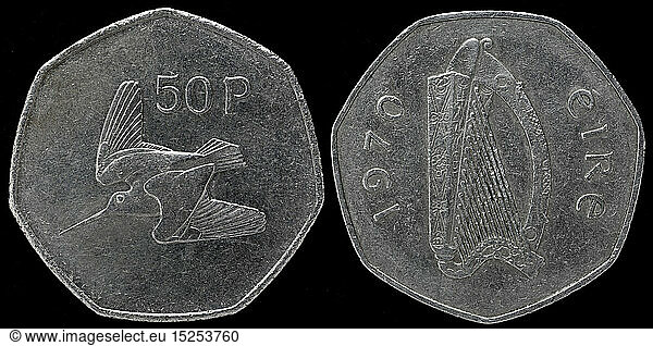 money / finance  coins  50 Pence coin  Woodcock  Ireland  1970