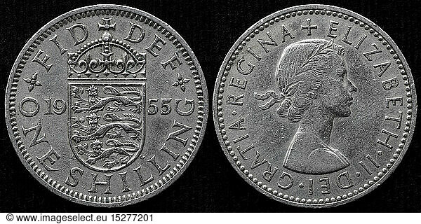 money / finance  coins  1 Shilling coin  English shield  Queen Elizabeth II  UK  1955
