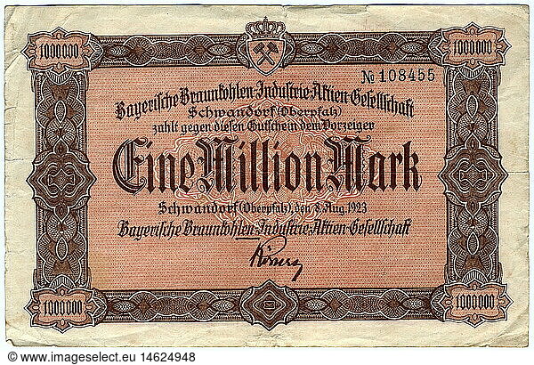 money / finance  inflation money  Germany  Bavaria  One Million Mark bond  issued by the Bavarian brown coal mining industry corporation  August 1923  banknotes  bank note  notes  1000000  1920s  economic crisis  depression  cut out  clipping  currency  20th century  numismatics  historic  historical  20s  inflation  banknote  bonds  cut-out  cut-outs