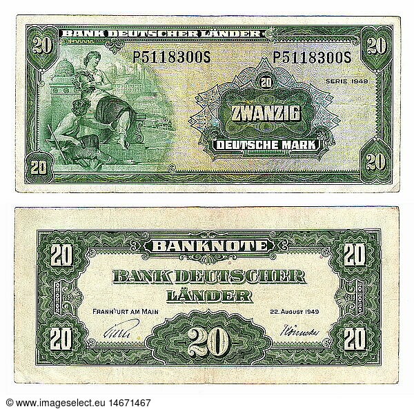 money / finances  banknote  first 20-Mark banknote  obverse and reverse side  during of the currency reform on 21.6.1948  in the western zones  was furthermore valid in the new founded federal republic  Germany  1949  20  DM  Deutschmark  German Mark  deutsche mark  deutschemark  deutschmark  twenty  mark  bank of German countries  forerunner of the German Central Bank  currency reform  currency reforms  post war money  economy  economic history  economic miracle  economic miracles  banknotes  allegoric illustration  allegory  steel engraving  steel engravings  post war period  post-war period  post-war years  post-war era  collectible  collector's item  collectibles  collector's items  clipping  cut out  cut-out  cut-outs  40s  1940s  paper money  banknote  bank note  bill  bank notes  exchange  financial means  substantial resources  finances  foreign currencies  capital  currency  currencies  valuta  means of payment  money  20th century  historic  historical