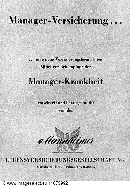 money / finances  insurances  insurance policy of the Mannheimer Versicherung insurance  'Manager Insurance'  title page  1950s