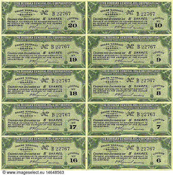 money / finances  share  coupon  share coupons  of the oil company The Russian General Oil Corporation  RGO  SocietÃ© Generale NaphtifÃ¨re Russe  Limited  Holding  was founded in 1912  in 1916 Emanuel Nobel  Branobel Konzern  was taken a part of the share  Russian oil industry  Russia  1913  security paper  marketable security  gilt-edged securities  accelerated paper  Russian  oil production  oil company  oil companies  oil  stock  shares  detail of the share  decorative  stock exchange  stock exchanges  economic history  czardom  tsardom  exchange  financial means  substantial resources  finances  foreign currencies  capital  currency  currencies  valuta  means of payment  share certificate  share certificates  negotiable instrument  financial papers  listed stocks  business  business dealings  business operations  trade  commerce  economic science  economic sciences  economics  economy  economist  economists  1910s  10s  20th century  coupon  voucher  coupons  vouchers  historic  historical