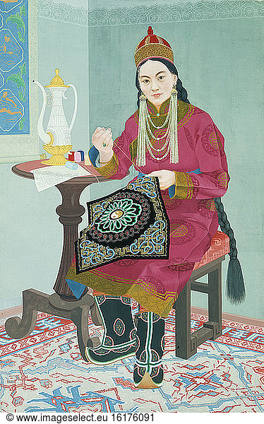 Mongolia / Woman knitting / Watercolour