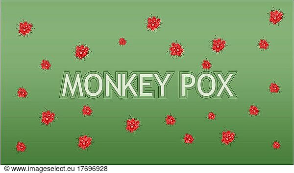 Monkeypox concept  illustration of monkeypox skin urticaria  Vector monkeypox banner with text. Illustration of monkeypox virus  monkey influenza