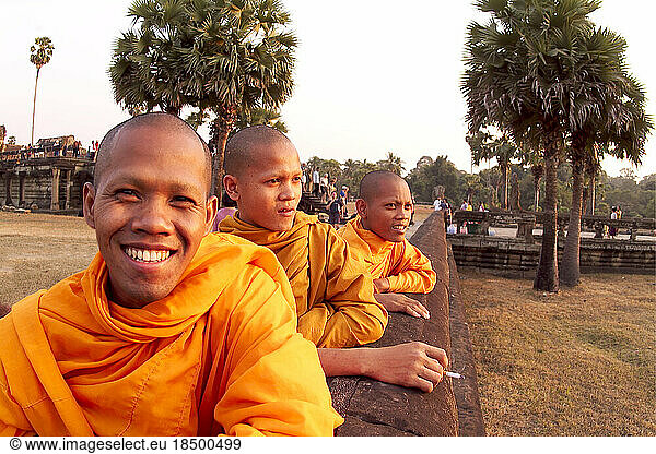 Monks Sunset at World's Largest Temple Angkor Wat Siem Reap Cambodia