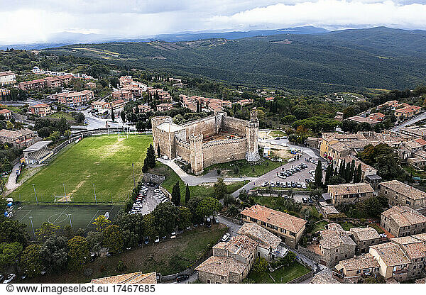 Montalcino townscape with scenic Valdorcia valley in Tuscany  Italy