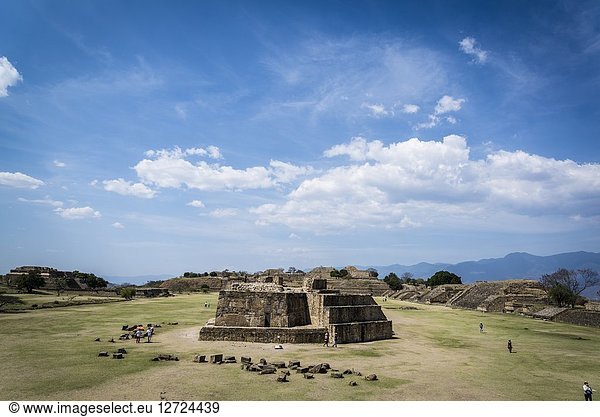 Monte Alban  a pre-Columbian archaeological site  View of Main Plaza from the South Platform  with Building J in the foreground.   Oaxaca  Mexico.