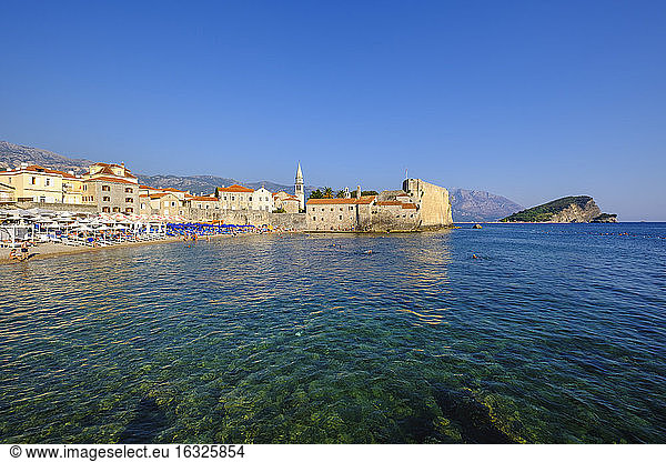 Montenegro  Adriatic Coast  Budva  Old town and city beach